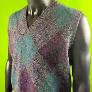 VTG Christopher Hayes Mens L Shetland Wool Argyle Sweater Vest Grey/Teal *READ*